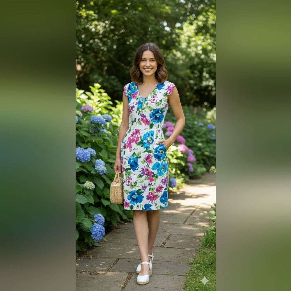 Adrianna Papell Blue Pink Floral Sheath Dress with Scoop Neck
